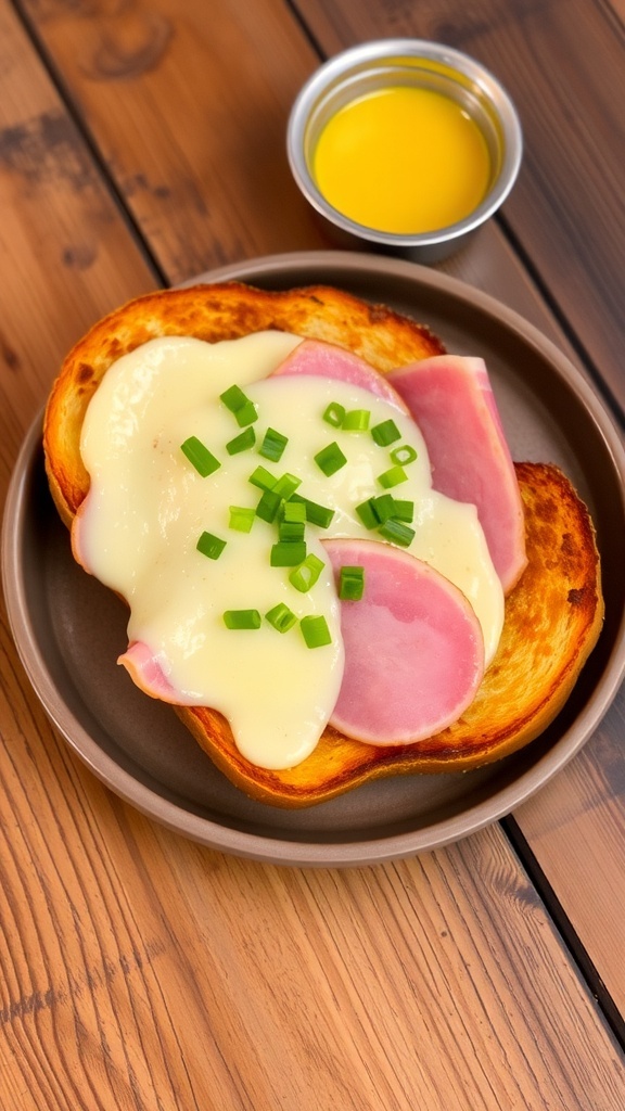 7-Eleven Style Toast Recipe Crispy toast with melted cheese and ham, garnished with green onions, on a wooden table with mustard.